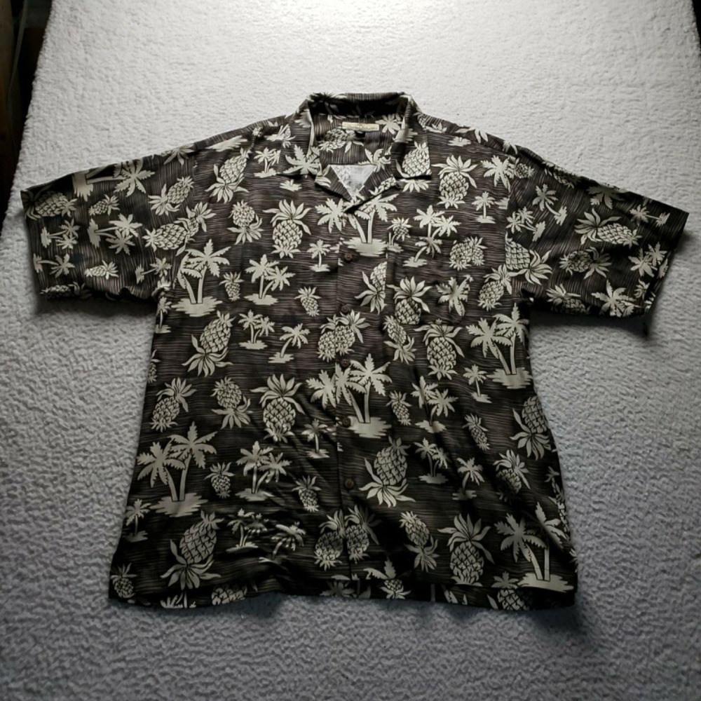 Tommy Bahama Shirt Mens XL Brown Pineapple Palm Silk Hawaiian Camp Button-Up